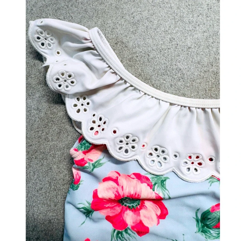 Janie and Jack Girls Swimsuit Size 6 Blue Pink Floral Eyelet Ruffle One Piece